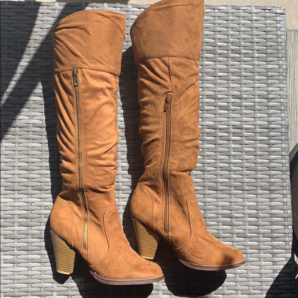 Faux suede knee high boots - Cognac